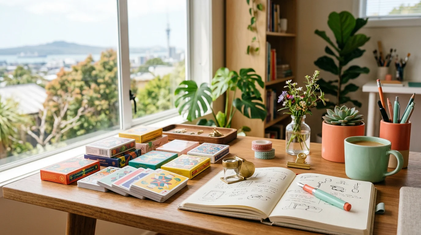 Colourful studio desk with playing cards and tools