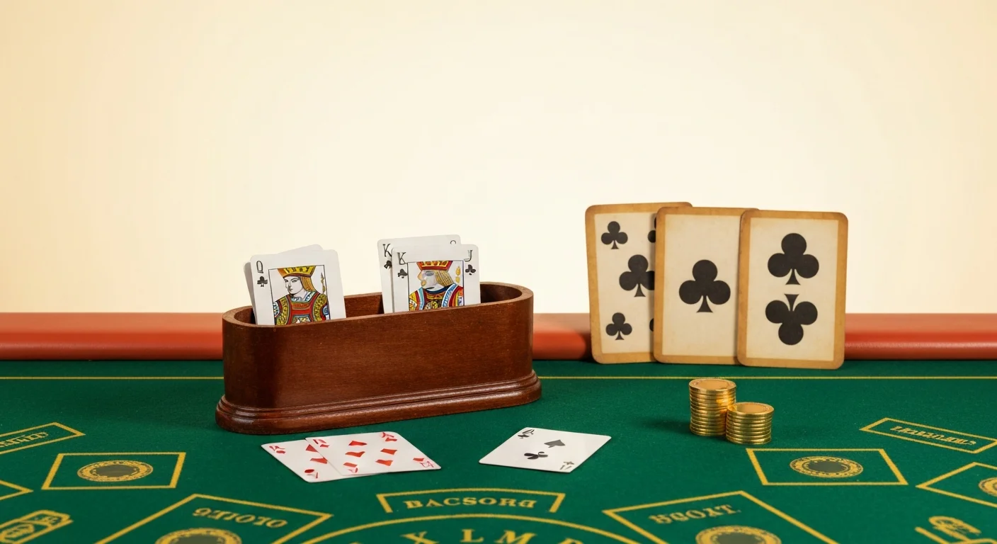 Baccarat card shoe and dealt hands on green baize