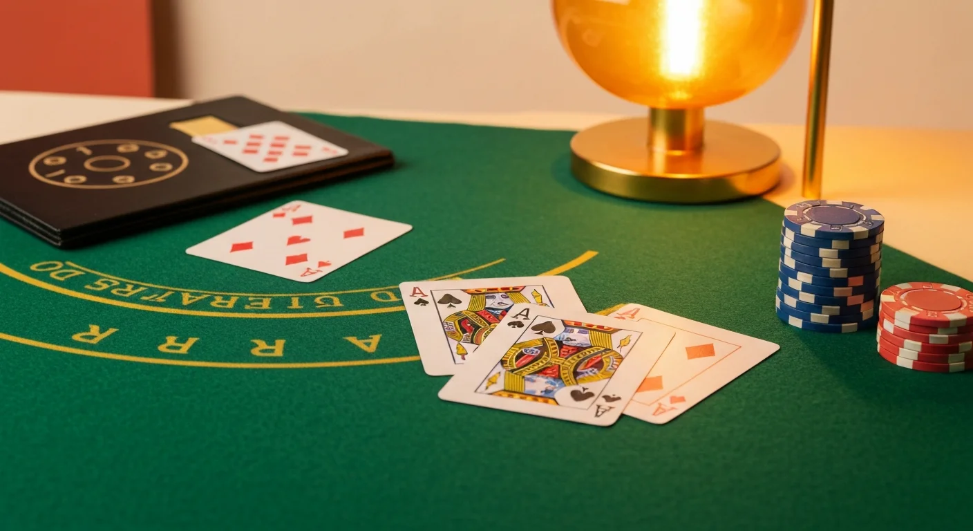 Blackjack cards and chips on a casino felt table