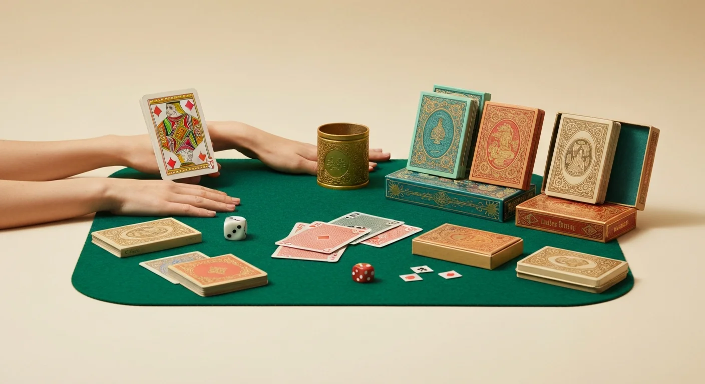 Assorted classic card games and vintage decks on a felt table