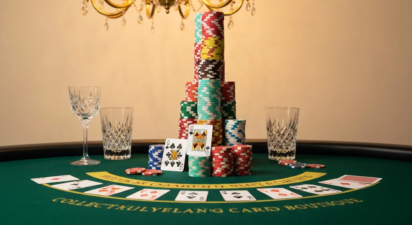 Opulent blackjack table with towering chip stacks and classic cards