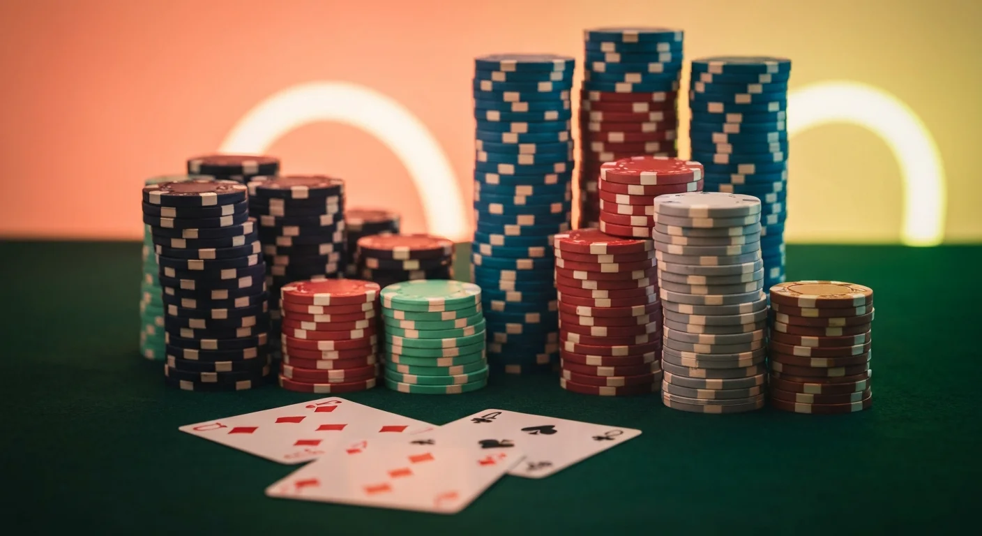Towering casino chip stacks beside playing cards under neon light